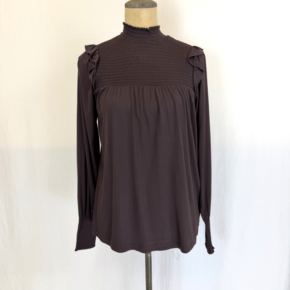 NWT Soya Concept BOUTIQUE Brown Long Sleeve Top w/ Smocking Detail #0415 MED